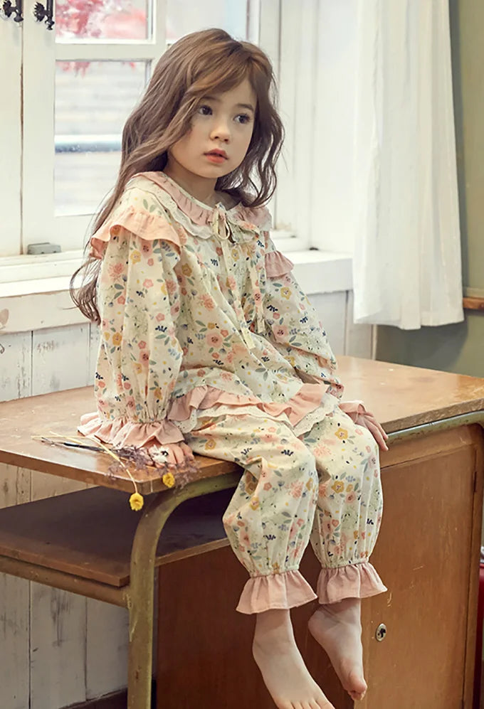 New Kid Girl's Lolita Cotton Floral Pajama Sets.Vintage Toddler Kid‘s Flowers Pyjamas Set Sleep Loungewear.Children’s Clothing