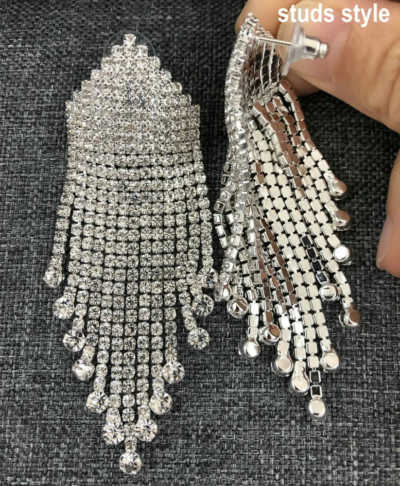 Girls Clear AB Rhinestone Tassel Earrings Wedding Party Dangle Big Earring Women Punk Geometric Statement Jewelry