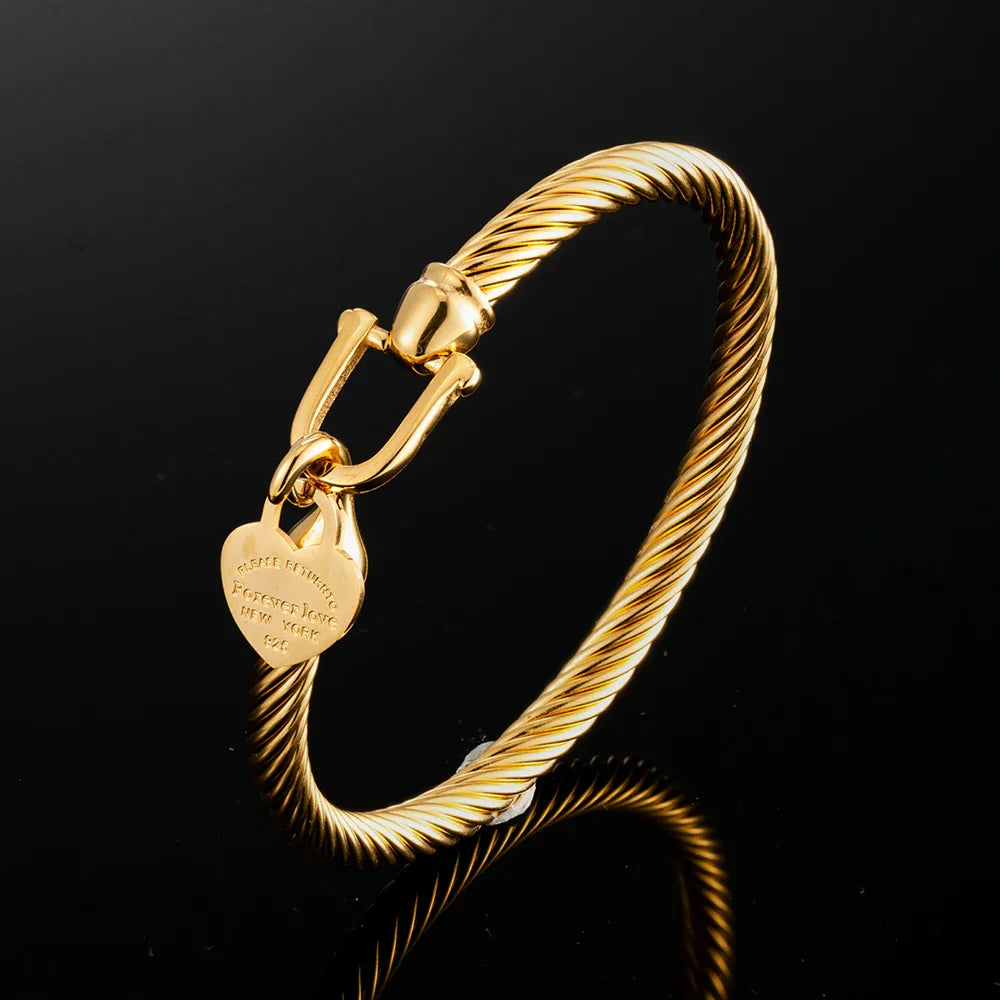 361L Titanium Stainless Steel Bangles Bracelets Charm Gold Color Cable Wire Cuff Heart Pendant Bracelet For Women Girls Jewelry