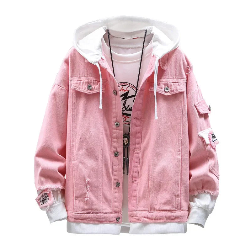 Men Autumn Hooded Men Jean Jackets Pink Cotton Holes Denim Coats Streetwear Clothing Outwear