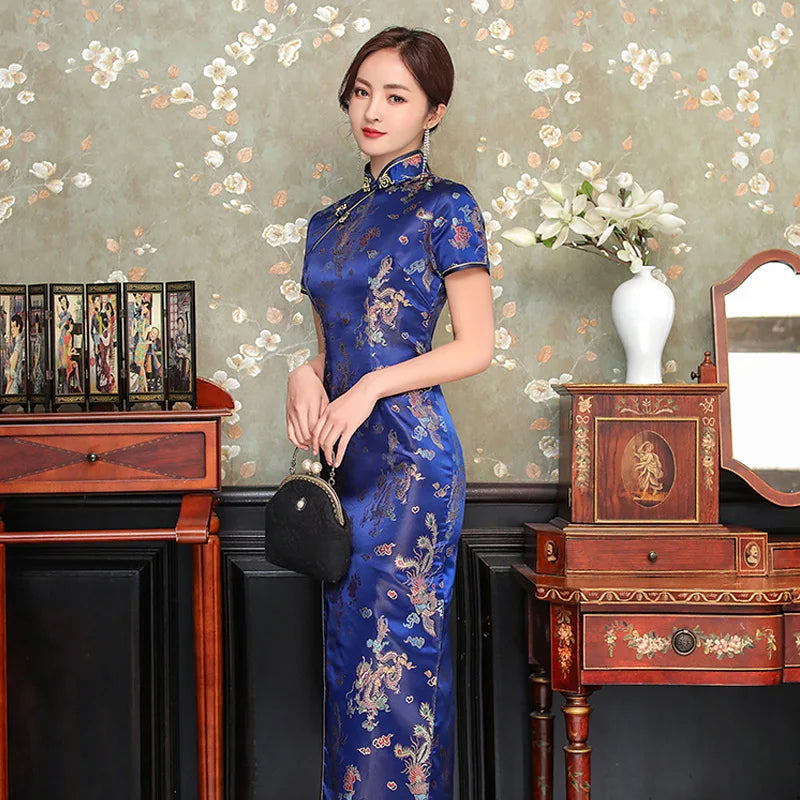 Sexy New Brocade Satin Long Fork Cheongsam Chinese Classic Women's Qipao Elegant Short Sleeve Novelty Wedding Evening Dress 4XL