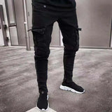 Men Slim Biker Ripped Long Denim Trousers Skinny Jeans pocket Young Man Jogging Pants Destroyed Stretchy-Black Pants