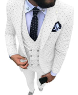 New Men's White Suit 3 Pieces Spotted Notch Lapel Slim Fit Double Breasted Vest Tuxedos Groomsmen For Wedding(Blazer+vest+Pants)