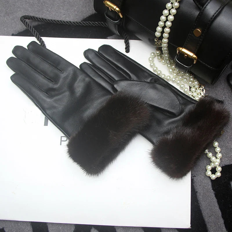 Real Sheepskin Fox Fur Gloves Women's Genuine Leather Glove Winter Warm Fashion Style Natural Fluffy Fox Fur Oversized Customize