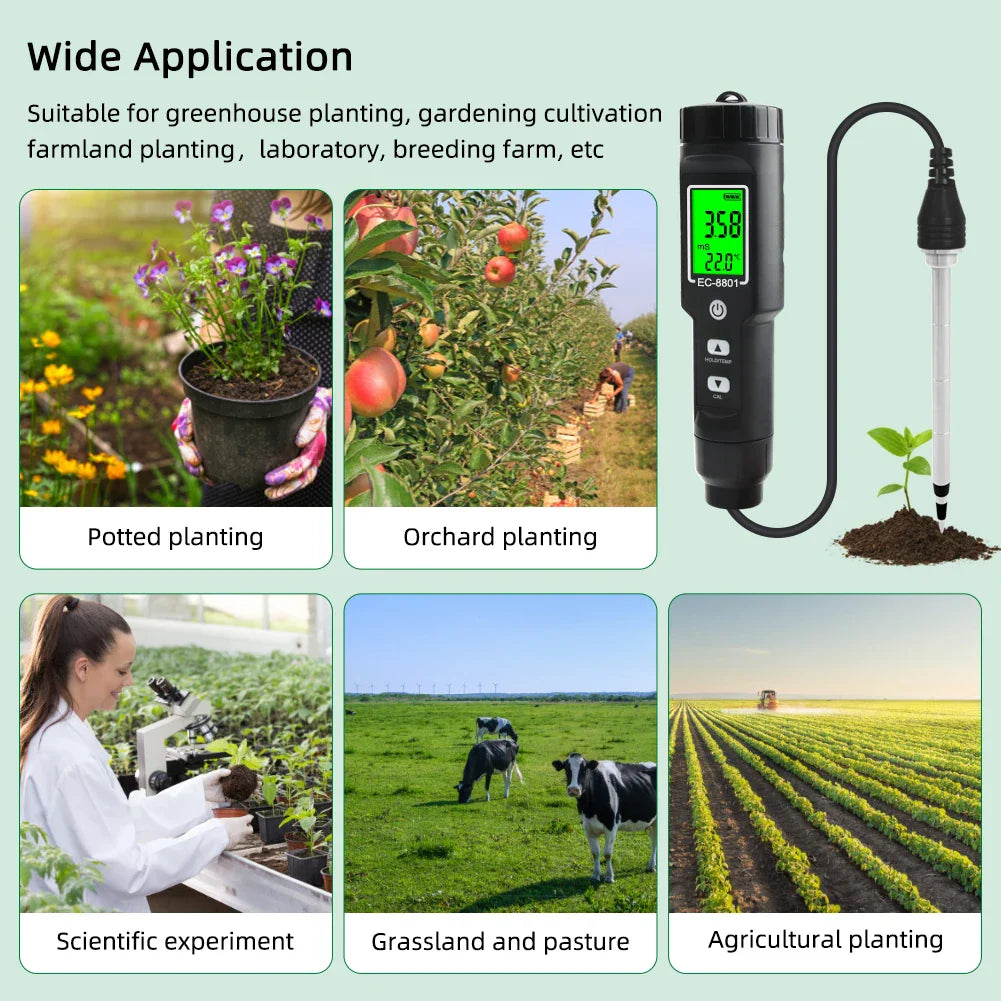 Digital EC/Temp Soil Tester 0.00~10.00mS/cm Conductivity Meter Waterproof Sensor Earth Analyzer with ATC Planting Garden Outdoor