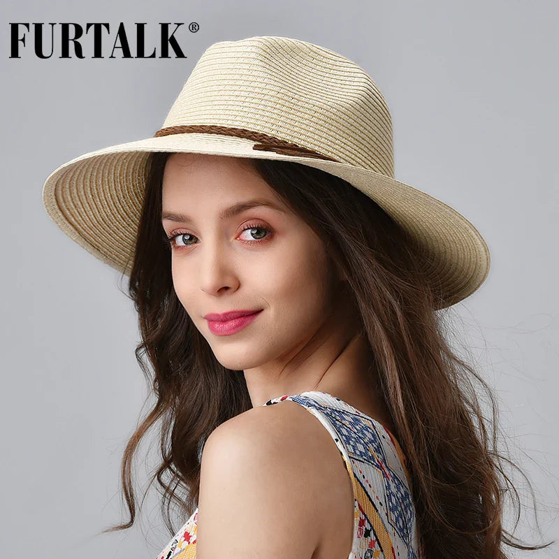 FURTALK Summer Straw Hat for Women Panama Beach Hat Bucket Sun Hats Female Summer Big Brim UV Protection Cap chapeau femme 2020