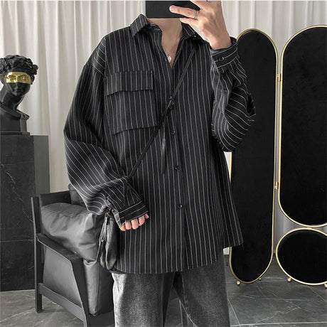 Striped Shirt Jacket Men Women Hong Kong Style Japanese Casual Oversize Trend Black Unisex Gothic Long-Sleeved Shirt Autumn Tops