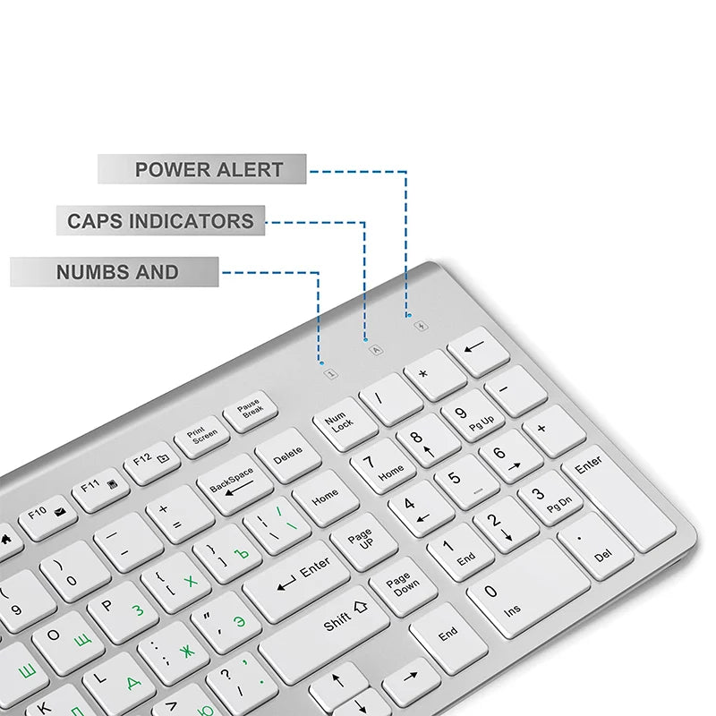 Russian version 2.4g wireless keyboard and mouse, ergonomics, portable full size, USB interface, high-end fashion silvery white