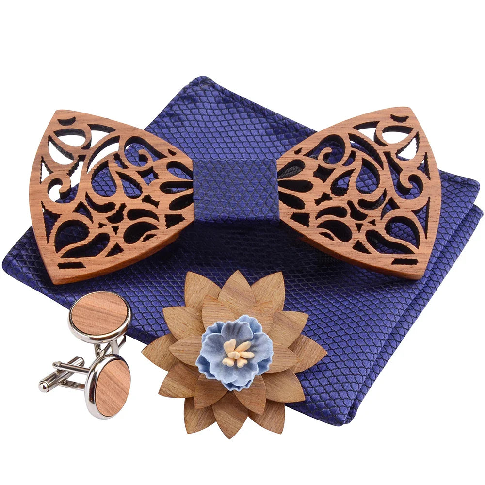 Ricnais New Floral Wooden Bow Ties For Men Bowtie Silk Pocket Square Set Hollow Butterflies Wedding Suit Wood Bowtie Shirt Ties