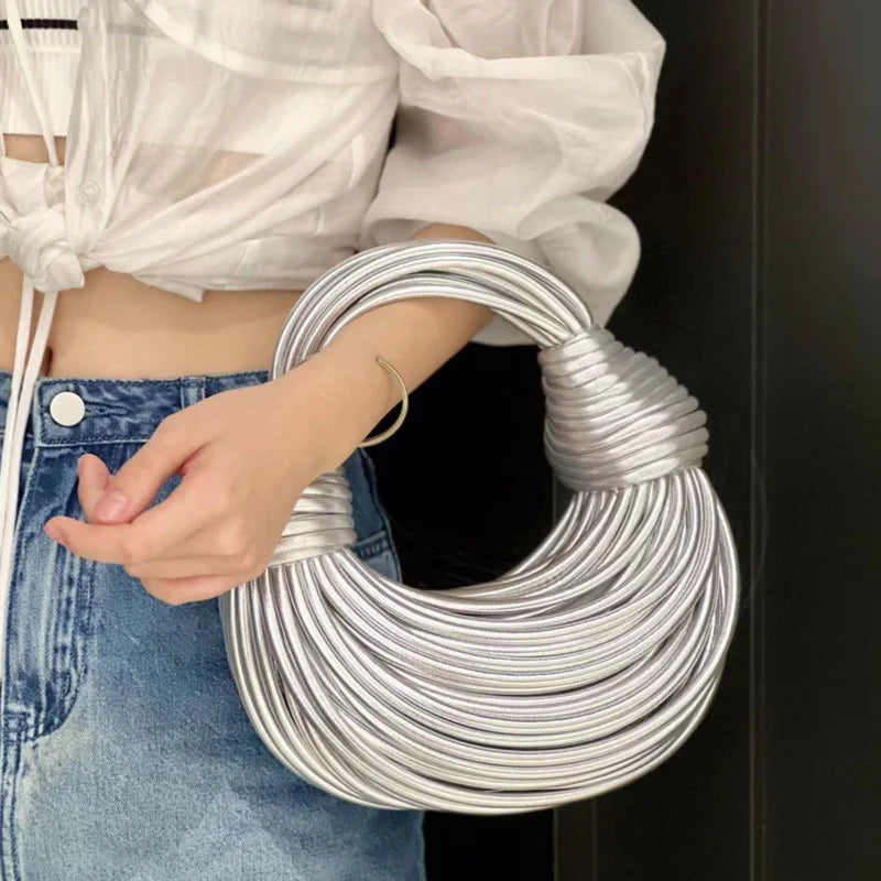 Handbags for Women 2023 New in Gold Luxury Designer Brand Handwoven Noodle Bags Rope Knotted Pulled Hobo Silver Evening Clutch