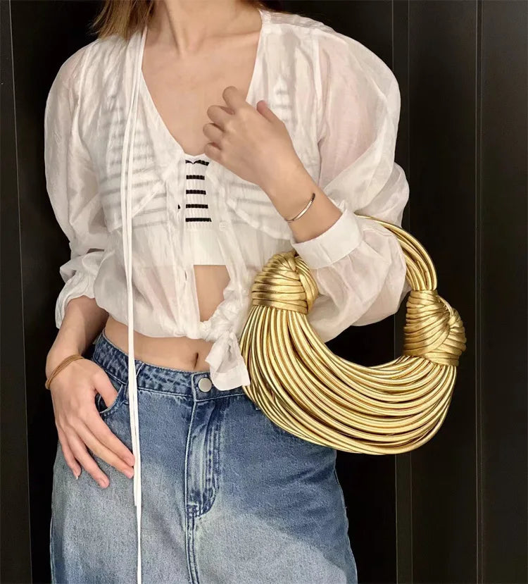 Handbags for Women 2023 New in Gold Luxury Designer Brand Handwoven Noodle Bags Rope Knotted Pulled Hobo Silver Evening Clutch