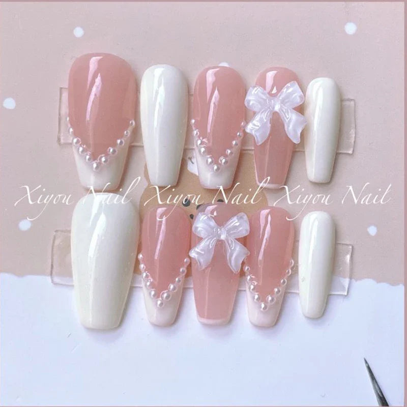 Handmade Custom Made False Nail Art With Pearls And Nows Wearable Nail Pink Almond Style Section Patch Removable Girl Fake Nail