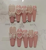 Handmade Custom Made False Nail Art With Pearls And Nows Wearable Nail Pink Almond Style Section Patch Removable Girl Fake Nail