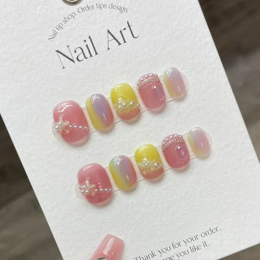 Handmade Kawaii Press on Nails Short Korean Partysu Cute Star Reusable Adhesive False Nails Acrylic Nail Tips Nail Art Y2k Girls