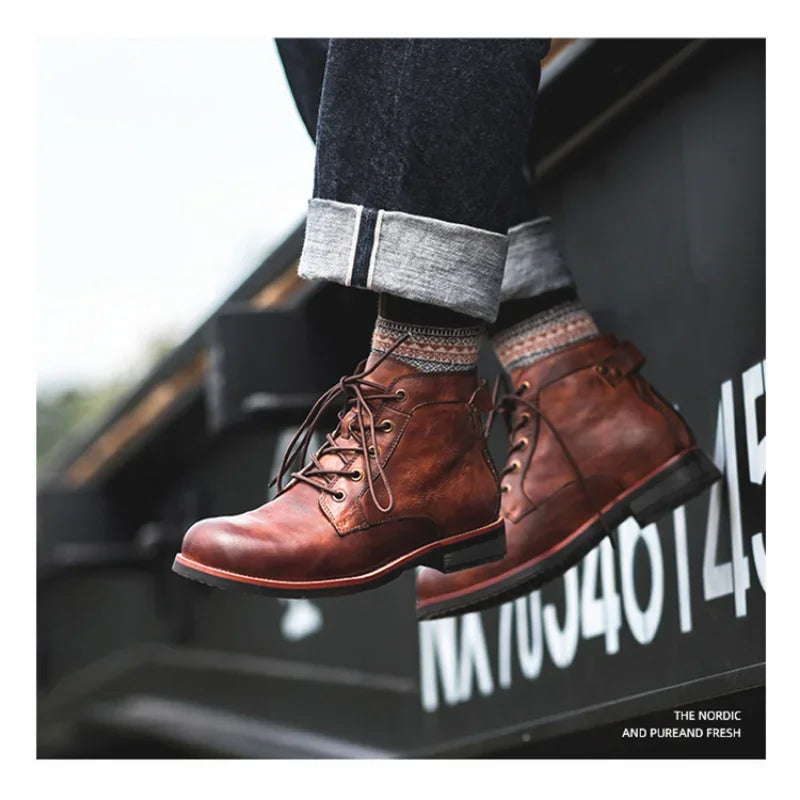 Handmade Leather Men Boots Retro Round Toe Ankle Boots 2023 Autumn Winter Punk Street Style Motorcycle Boots Men Chunky Botines