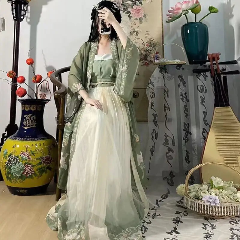 Hanfu Women Chinese Traditional Cosplay Costume Ancient Song Dynasty Hanfu Dress Spring Summer 3pcs Green Sets Plus Size XL