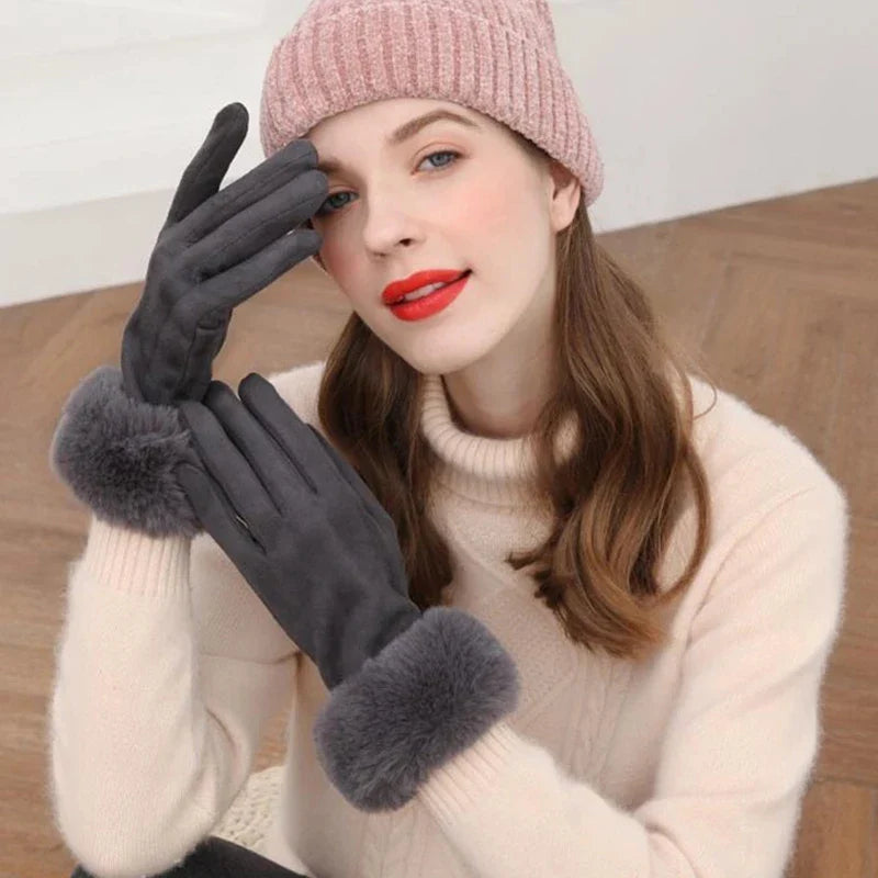 Female Faux Rabit Fur Suede Leather Touch Screen Driving Glove Winter Warm Plush Thick Embroidery Full Finger Cycling Mitten H92