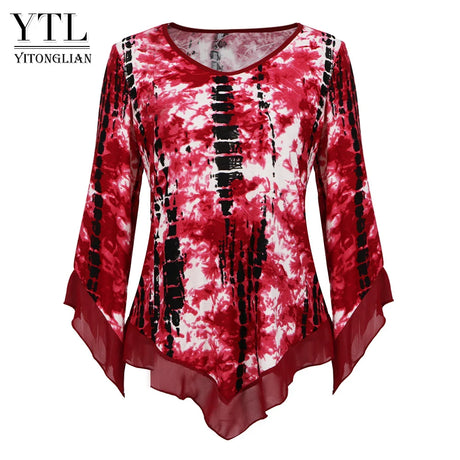 Yitonglian Trending Style Plus Size Women Blouse Summer Round Neck Flare Sleeve Irregular Loose Casual Tops Shirt H433