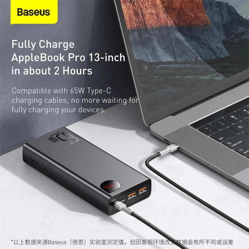 Baseus 65W Power Bank 20000mAh Portable Charging Powerbank Mobile Phone External Battery PD QC 3.0 Charger 22.5W Poverbank 20000