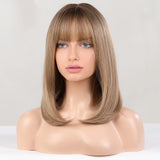 Brown Blonde Short Straight Synthetic Hair Wigs with Bangs for Women Golden Highlight Bob Wigs Cosplay Natural Heat Resistant