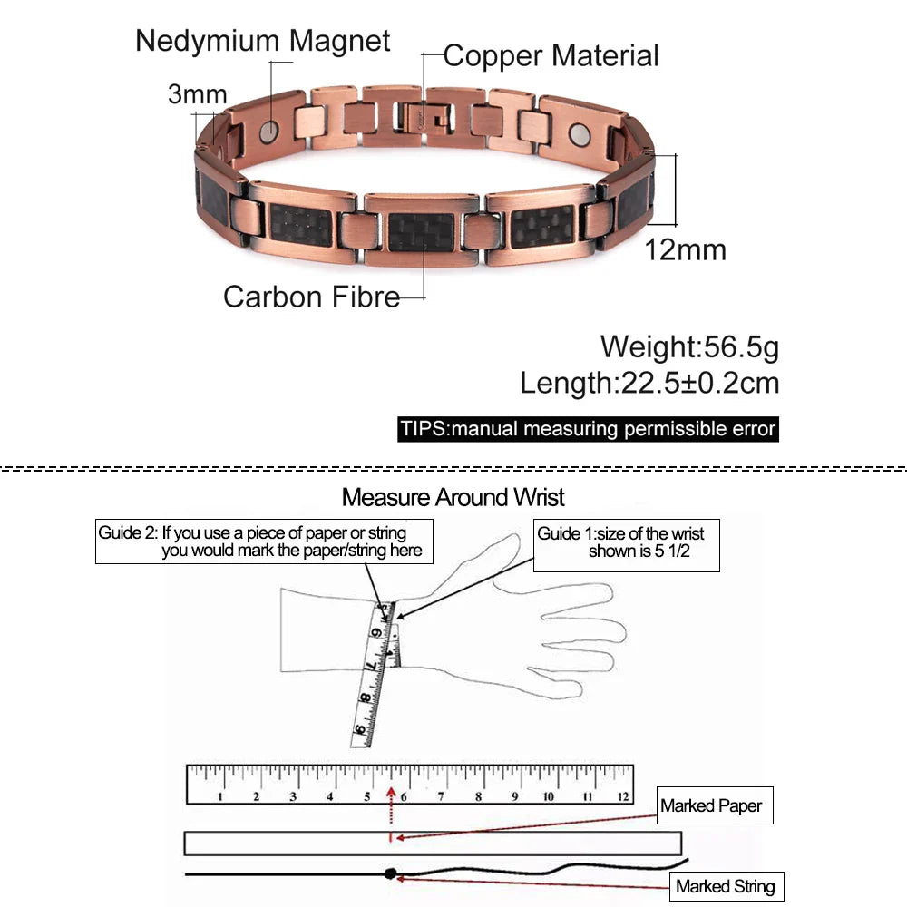 Magnetic Copper Bracelet Men&#39;s Black Carbon Fibre Health Energy Magnetic Therapy Bracelet Benefits 12mm Chain Bracelet Homme