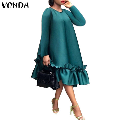 Plus Size Women Dress 2023 VONDA Casual Solid Color Dresses Vintage Sundress Long Sleeve Ruffled Vestido Robe Femme