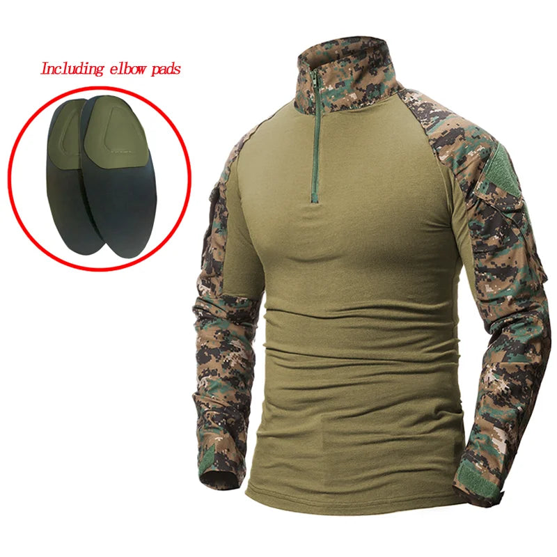 Men Combat Work Clothes Long Sleeve Tactical Elbow Pads Uniform Cotton Military CP Camouflage Shirt Man T Shirts