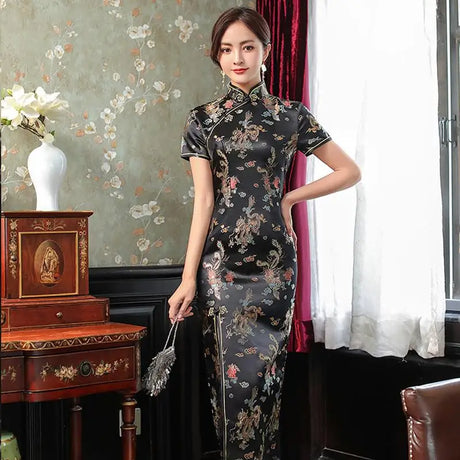 Sexy New Brocade Satin Long Fork Cheongsam Chinese Classic Women's Qipao Elegant Short Sleeve Novelty Wedding Evening Dress 4XL