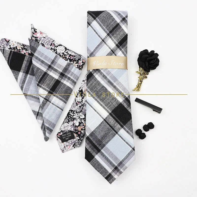 5 PCS Luxury Cotton Patchwork 7cm Tie Set Brooch Pin Clip Hankie Cufflink Men Party Daily Striped Floral Cravat Gift Accessory