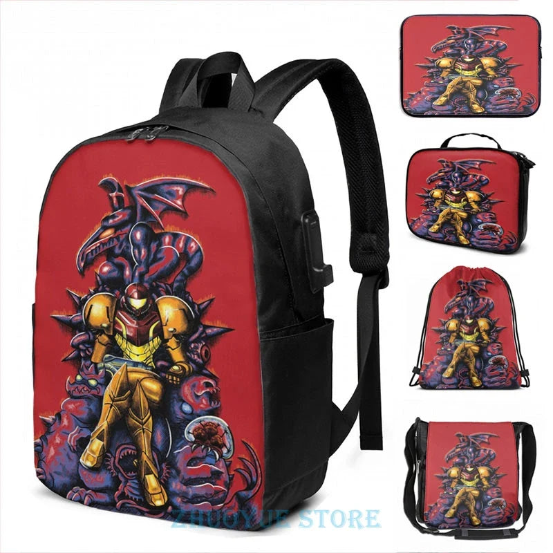 Graphic print Metroid - The Huntress' Throne -Gaming USB Charge Backpack men School bags Women bag Travel laptop bag