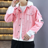 Men Autumn Hooded Men Jean Jackets Pink Cotton Holes Denim Coats Streetwear Clothing Outwear