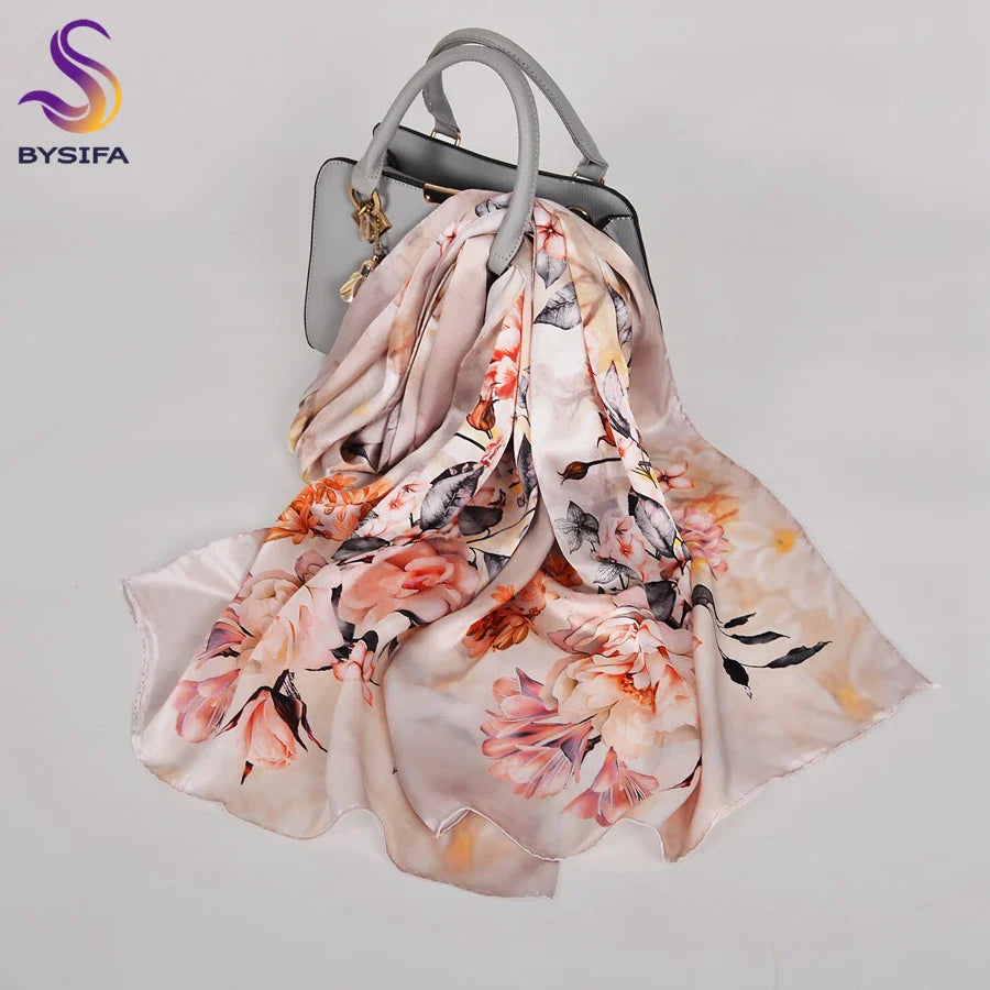 [BYSIFA] New Luxury Pure Silk Scarf Shawl Women Spring Autumn Long Scarves Ladies Brand 100% Silk Neck Scarf Foulard 175*52cm