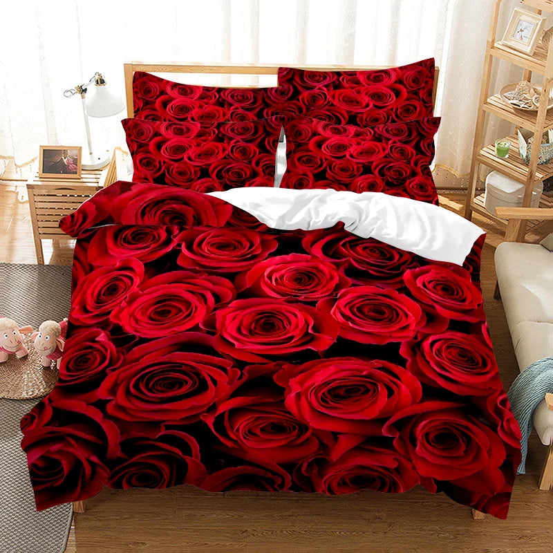 Red Rose Bedding Set Quilt Duvet Cover Comforter Pillow Case 3D HD Double Full King Queen Twin Single 3PCS 2PCS Bedroom Flower