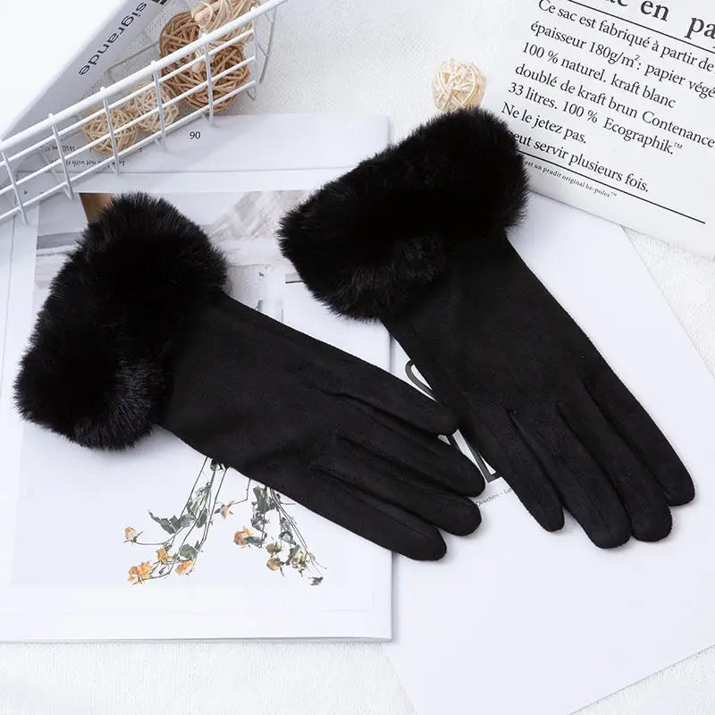 Korean Suede Leather Sports Cycling Warm Gloves Women's Winter Plus Velvet Thicken Full Finger Touch Screen Driving Mittens H92