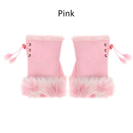 1 Pair New Fashion Faux Rabbit Hair Gloves Suede Leather Fingerless Soft Stretch Gloves Women Girls Winter Thicken Warm Mittens