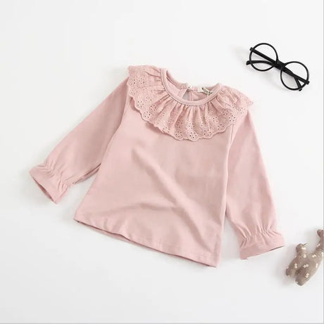 Sweet Princess Style Baby Girls Summer Solid Color Shirt Ruffles Lace Short Sleeve Soft Cotton Shirt Children Tops Outwear