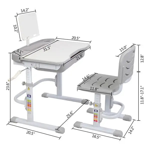 70/80 CM Kids Desk and Chair Set Height Adjustable Children Learning Table Sturdy Desktop Gray With Reading Stand for Boys Girls