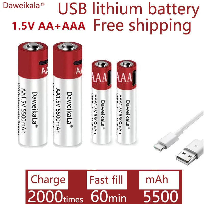 AA + AAA 2021 new large capacity 5500mah rechargeable lithium ion battery AA 1.5V USB fast charging lithium ion battery