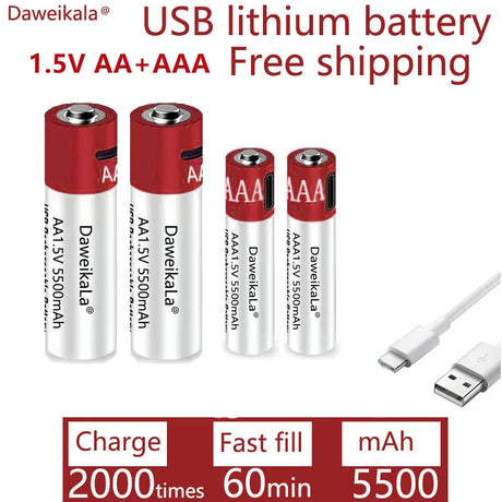 AA + AAA 2021 new large capacity 5500mah rechargeable lithium ion battery AA 1.5V USB fast charging lithium ion battery