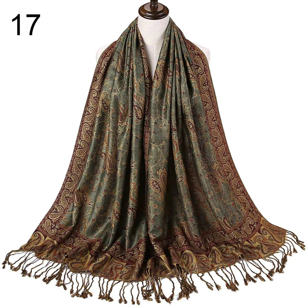 Pashmina Silk Scarf Shawl Wrap Paisley Jacquard Flowers Borders Rave 2 Layers Reversible Classic Tassels For Women 70X180cm 200g