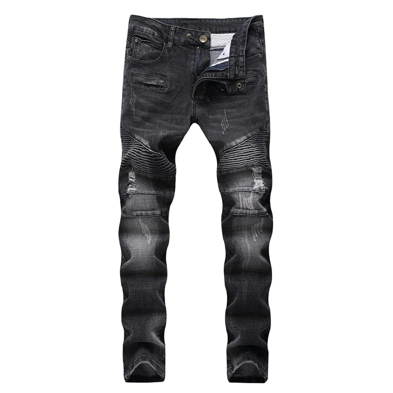 Dropshipping Fashion New Biker Jeans Men's Distressed Stretch Ripped  Hip Hop Slim Fit Holes Punk Denim Cotton Pants