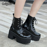 Gdgydh Woman Lace Autumn Boots Womens Ladies Chunky Wedge Platform Black Patent Leather Ankle Boots Punk Goth Shoes Lace Up