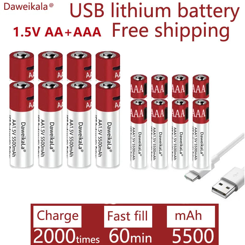 AA + AAA 2021 new large capacity 5500mah rechargeable lithium ion battery AA 1.5V USB fast charging lithium ion battery