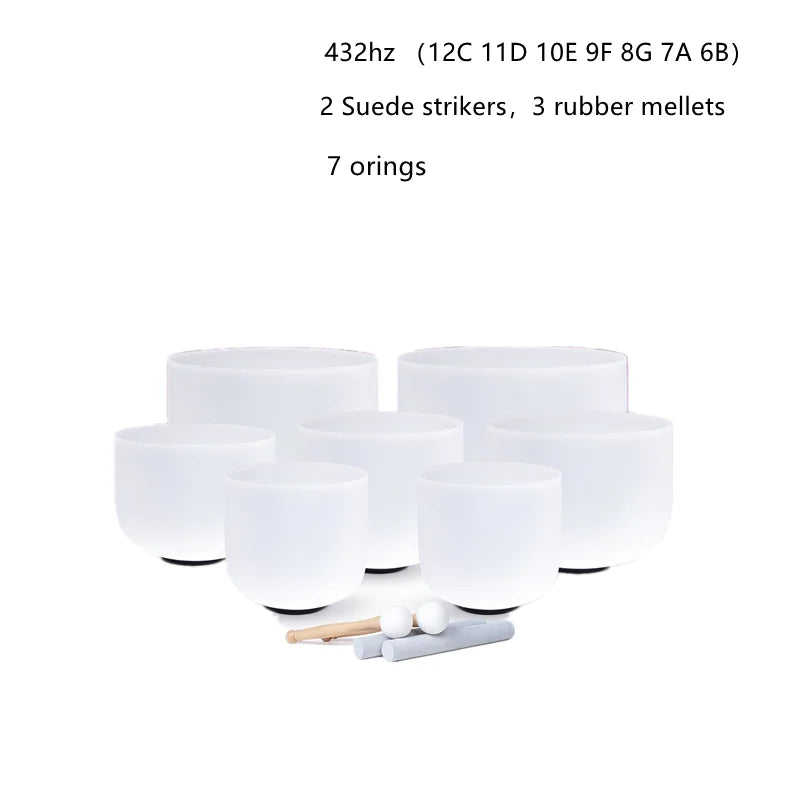 Frosted Quartz Crystal Singing Bowl, 440Hz, 432Hz, 6 "-12" Note CDEFGAB Set of 7Pcs