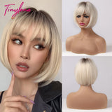 Brown Blonde Short Straight Synthetic Hair Wigs with Bangs for Women Golden Highlight Bob Wigs Cosplay Natural Heat Resistant