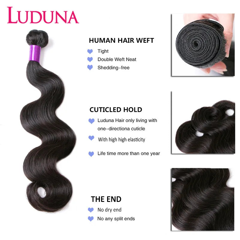 Ludana Body Wave Bundles With Closure Brazilian Bundles Human Hair With Closure  3/4Pcs Human Hair Bundles With 4x4 Lace Closure