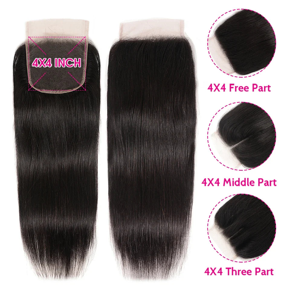 UNice Hair 5X5 HD Lace Closure 28 30 Inch With Peruvian Straight Hair 3 Bundles 4PCS 4x4 Swiss Lace Human Hair Weave Remy Hair