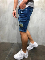 Summer New Men's Stretch Straight Short Jeans Fashion Casual Slim Fit High Quality Elastic Badge Pockets Hole Denim Shorts Male