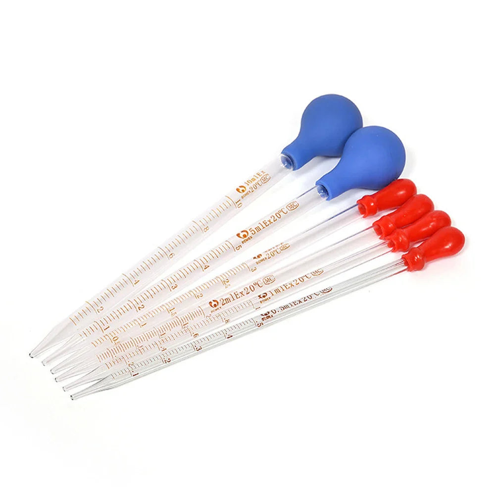 NEW 3/5 Pcs (0.5/1/2/3/5/10ml) Glass Scale Line Dropper Pipette Lab Dropper Dropping Pipette Blue Rubber Head Pipettors