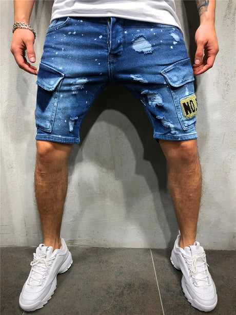 Summer New Men's Stretch Straight Short Jeans Fashion Casual Slim Fit High Quality Elastic Badge Pockets Hole Denim Shorts Male